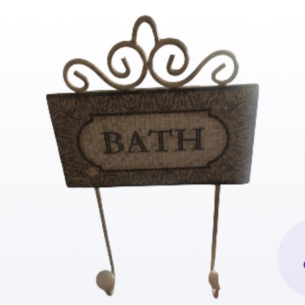 Rustic Wrought Iron Elegant Cream Bath Sign and towel hanger